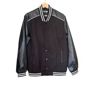 COOFANDY Women's Black Varsity Jacket Faux Leather Sleeves Striped Ribbed Sz M